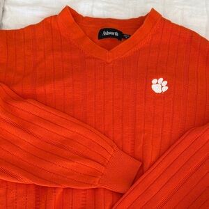 Ashworth Men's Bright Orange V-Neck Sweater with White Clemson Tiger Paw